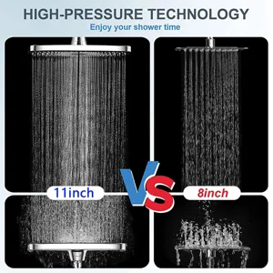 High-pressure rain showerhead comparison showing 11-inch vs 8-inch spray coverage and flow