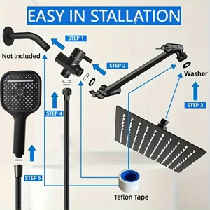 Detail view showing 5-step easy installation of matte black shower head set