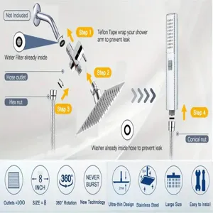 Detailed installation guide for 8-inch stainless steel shower head with step-by-step instructions