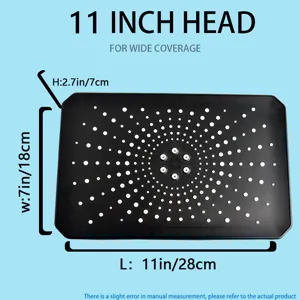 Detailed dimensions of the 11-inch matte black rectangular rainfall shower head