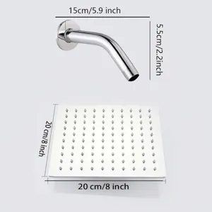 Macro view showing dimensions of 8-inch square stainless steel shower head and wall-mounted arm