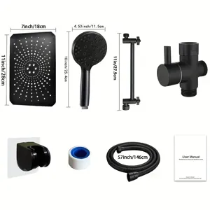 Detail view of matte black shower head set components with dimension labels