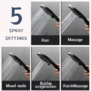 Soffione doccia manuale nero ad alta pressione con 5 getti regolabili per il bagno
