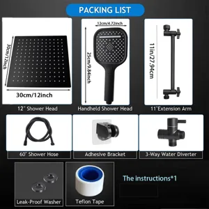Comprehensive black stainless steel shower system set with 12-inch rainfall head and wand.