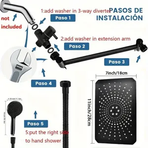Installation guide for matte black shower system with dimensions of rain and handheld heads.