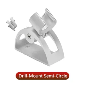Adjustable silver shower head bracket with semi-circular base and installation screws