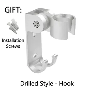 Adjustable silver metal shower head bracket with hook and mounting screws for wall drill