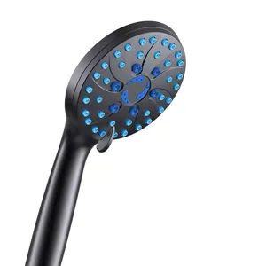 High-pressure matte black handheld shower head featuring durable blue silicone nozzles