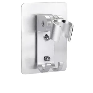 Close-up of silver adjustable punch-free shower head holder with adhesive base and hooks