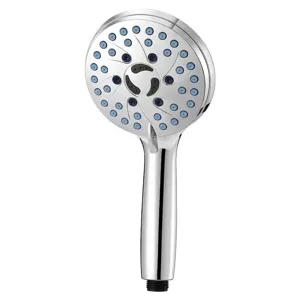 Modern high-pressure chrome handheld shower head with blue silicone spray nozzles