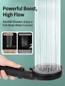 Matte black handheld pressurized shower head with high-pressure rainfall water flow