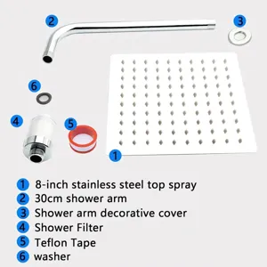 Complete stainless steel shower set components with 8-inch rainfall head and filter.