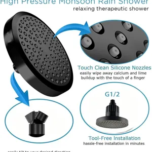 High pressure black monsoon rain shower head 6-inch with touch-clean silicone nozzles G1/2