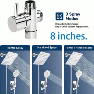 Detail view showing 3-way shower diverter valve and 8-inch rainfall spray modes.
