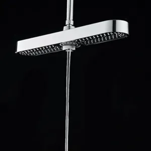 Large rectangular chrome rain shower head with high pressure vertical water spray