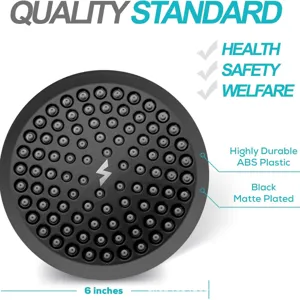 Durable 6 inch matte black high pressure shower head made of quality ABS plastic material