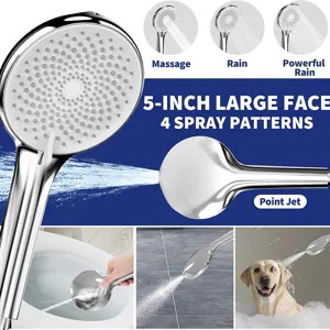 5-inch large face handheld shower head with 4 spray patterns for pet and bathroom cleaning.