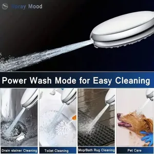 Detail view of pressurized shower head showing power wash cleaning modes