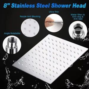 High-pressure 8-inch ultra-thin stainless steel rainfall shower head with anti-clog nozzles