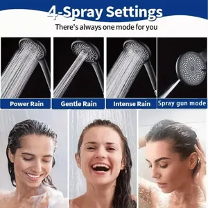 Detail view of matte black showerhead showing four spray settings and usage scenarios.