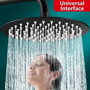 Large matte black stainless steel rainfall shower head with universal interface