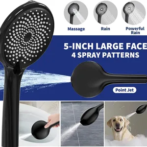 Close-up of 5-inch matte black shower head with 4 spray modes for bathroom and pet use
