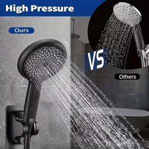 Detailed comparison showing high-pressure water flow from matte black handheld shower head.