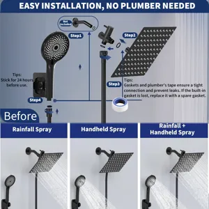 Detailed step-by-step installation guide for matte black rainfall shower head system