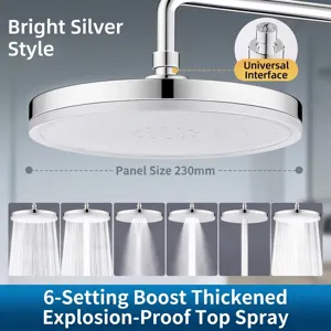 High-pressure 230mm chrome showerhead featuring 6 adjustable spray modes and universal interface
