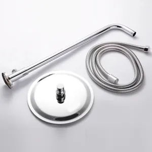 Polished stainless steel shower head set with overhead spray, extension arm, and hose