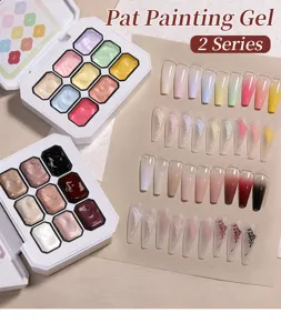 Close-up of 9-color solid nail painting gel palettes with various gradient and embossed effects