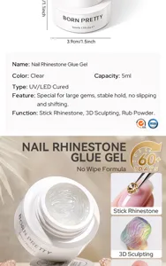 Gedetailleerde specificaties van BORN PRETTY heldere nagel-strasslijm gel voor 3D-nagelkunst.