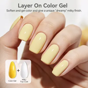 Détail de la finition jaune laiteuse avec le vernis gel Milky Top Coat 2 en 1