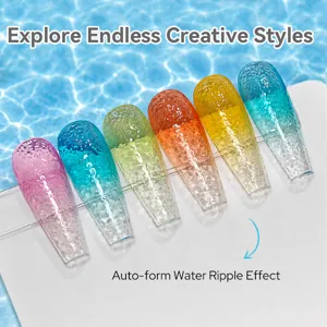 Vue détaillée de l'effet ride d'eau sur des ongles colorés dégradés