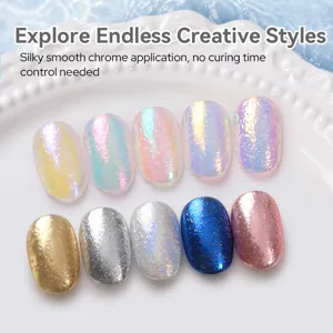 Détail de divers faux ongles chromés et irisés présentant des effets de texture de vague d'eau