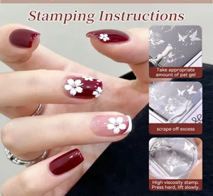 Step-by-step stamping instructions for floral nail art using high-viscosity pat gel.