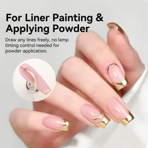 Detailed view of gold liner gel and mirror powder effects on French manicure nails