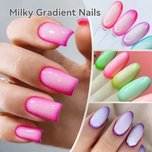 Close-up of milky gradient nail art showing pink, green, and purple gel polish effects