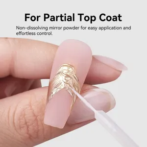 Detailed application of gold mirror powder for partial nail art top coat design