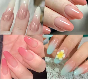 Detailed close-up of gradient nail art gel effects with 3D relief flower nail design