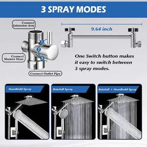 3-mode adjustable dual shower head set featuring rain and handheld spray options