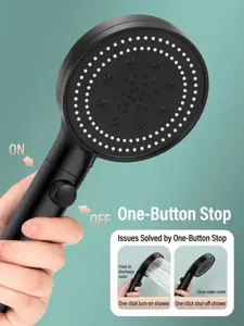 Matte black high pressure handheld shower head with one-button water stop function.