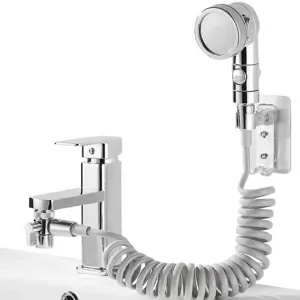 Chrome faucet extension shower set with retractable hose and wall bracket.