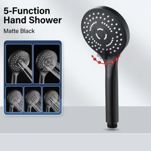 Detail of matte black 5-mode handheld shower head showing different water spray patterns