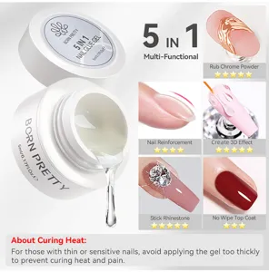 Macro view of 5-in-1 clear nail glue gel texture with multi-functional usage examples