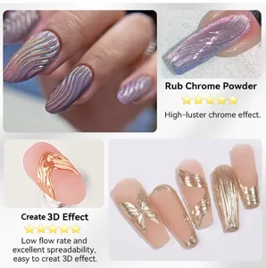 Detailed view showing 3D golden butterfly and ripple effects of chrome nail gel.