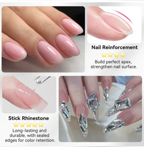Detail view of 5-in-1 nail gel for reinforcement and sticking rhinestones on pink nails.