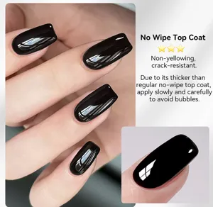 Macro view of high-gloss black gel nails demonstrating the No Wipe Top Coat finish.