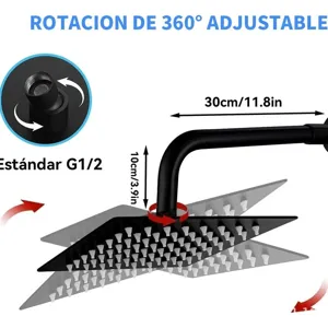 Grande pomme de douche pluie en acier inoxydable noir mat avec bras mural de 30 cm