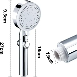 Polished chrome handheld shower head with on-off switch and dimension markings 27cm height